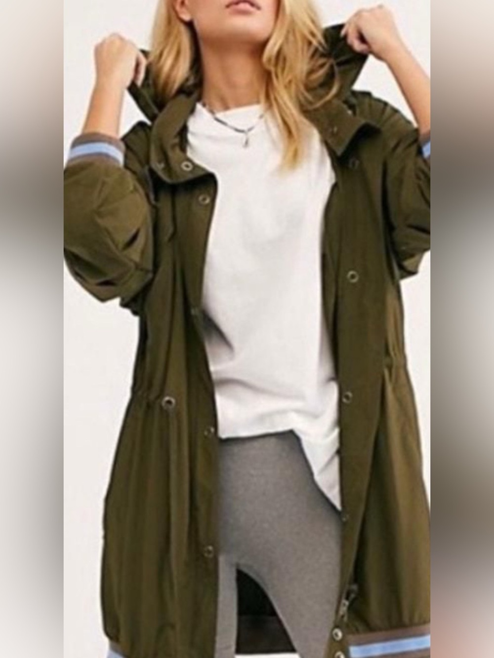 NWOT Free People Windswept Olive Green HoodedJacket  with Blue-Trim Cuffs